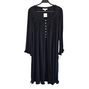 NEW Eileen West Black Tencel Modal Long Sleeve Nightgown Lace Trim Square Neck M